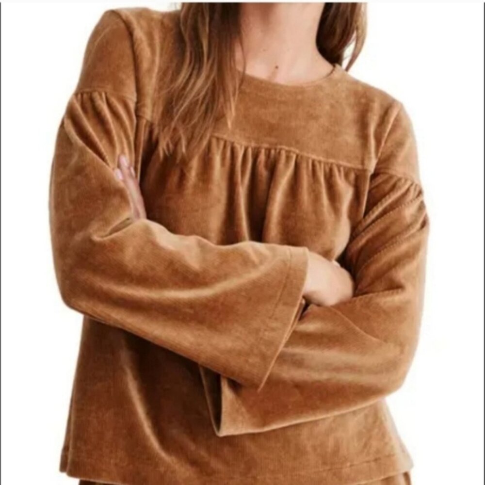 Madewell Velvet Babydoll  Boxy Peasant Top Camel Bell Sleeve SZ XS
